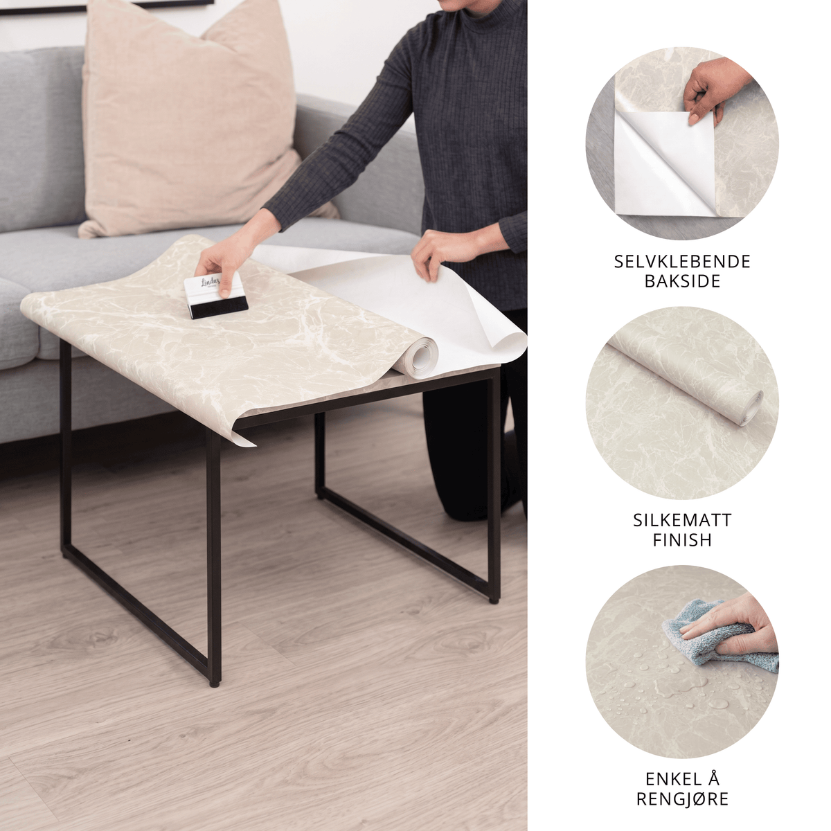 Montering av Limestone crema kontaktplast på sofabord, selvklebende bakside, silkematt finish og enkel å rengjøre