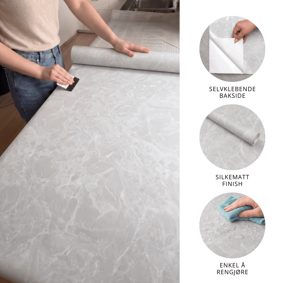 Montering av Limestone mist kontaktplast på kjøkkenbenk, selvklebende bakside, silkematt finish og enkel å rengjøre