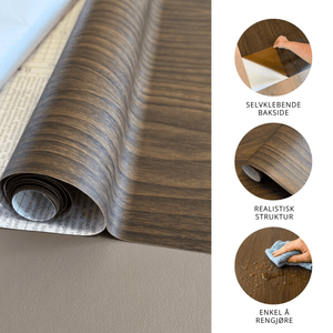 Walnut mocha kontaktplast rull med fargeprøver av valnøttdesignet