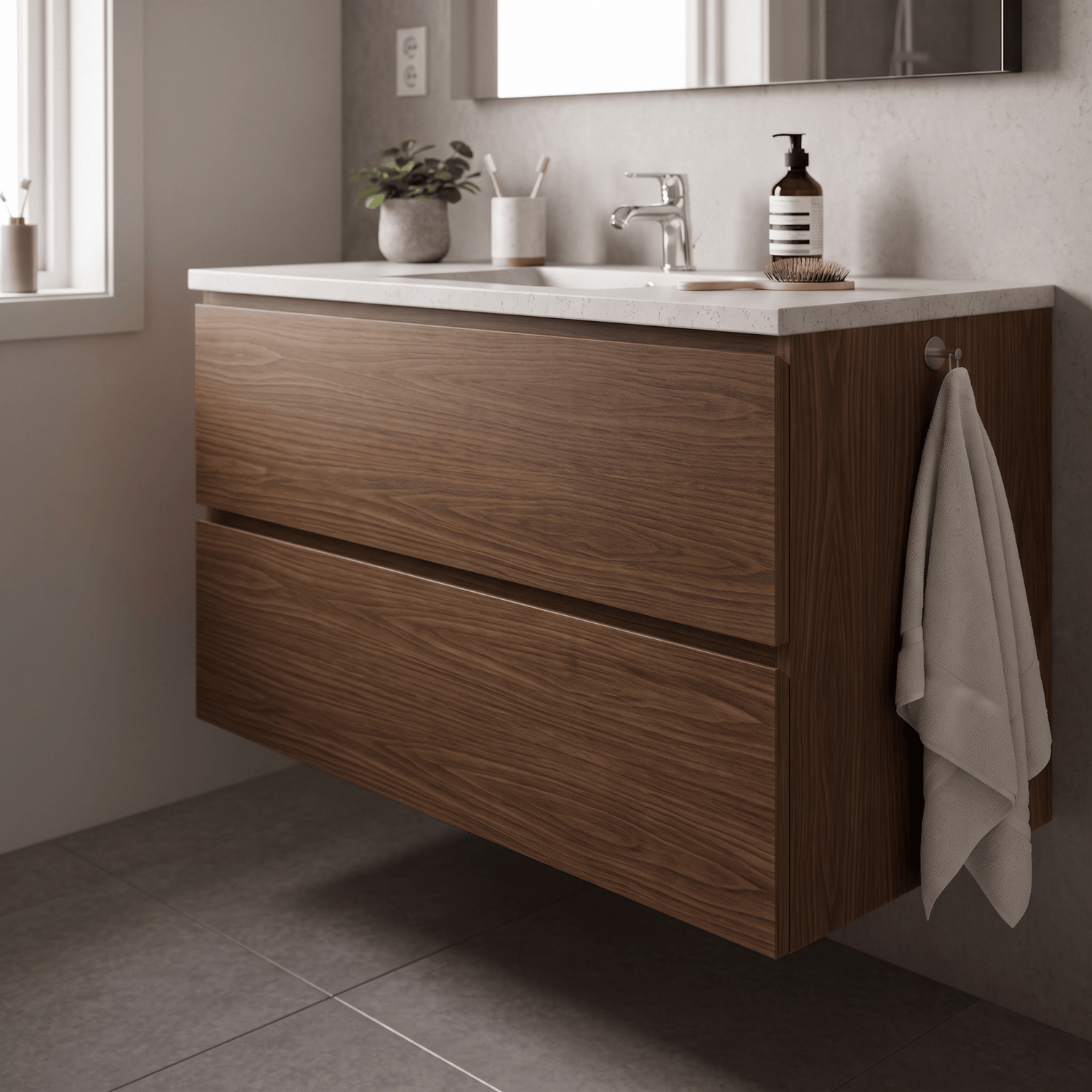Baderomsinnredning med fronter i Walnut mocha kontaktplast under hvit vask