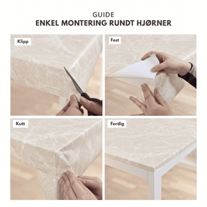 Monteringsguide for Limestone crema kontaktplast rundt hjørner i fire steg: klipp, fest, kutt, ferdig