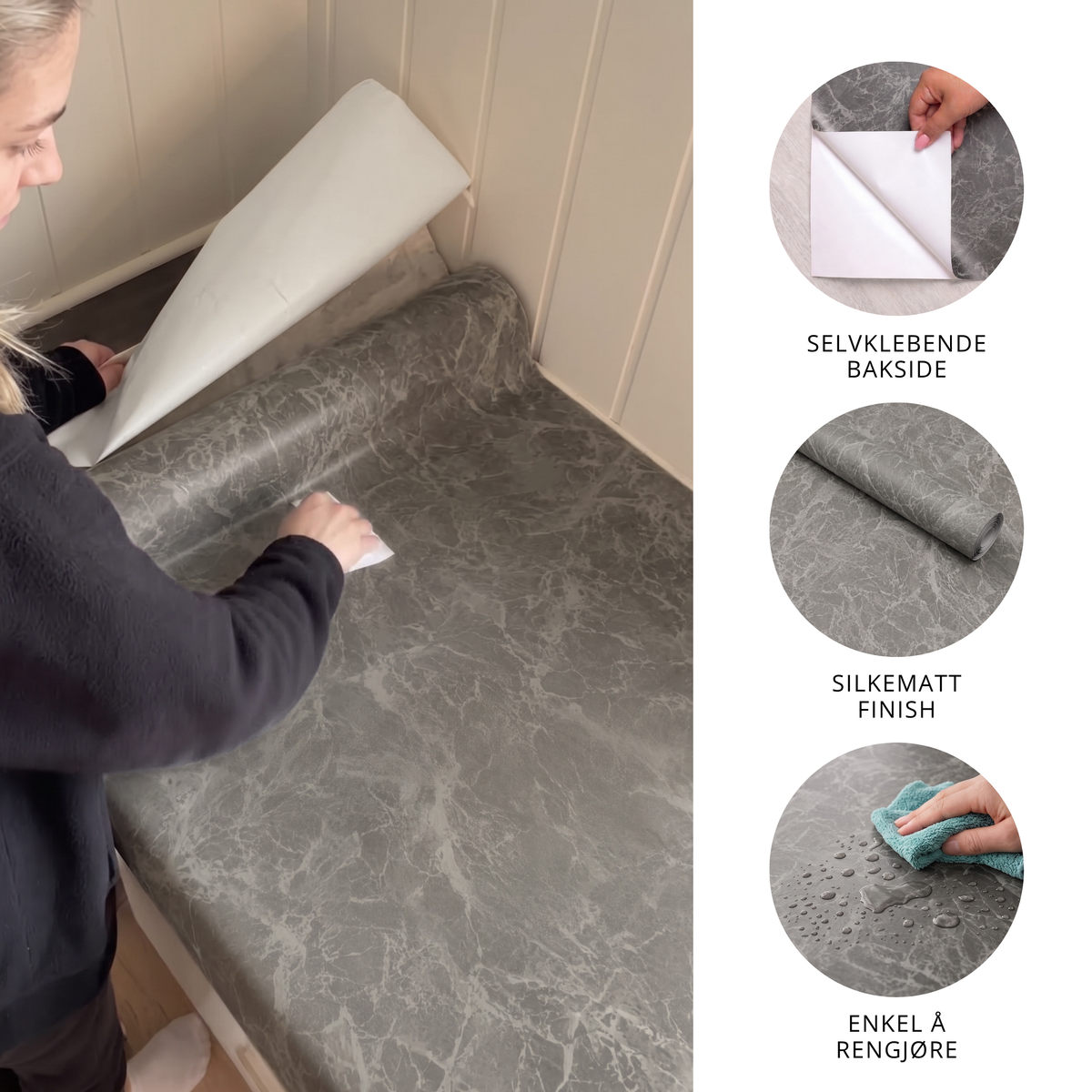 Montering av Limestone antrasitt kontaktplast på kjøkkenbenk, selvklebende bakside, silkematt finish og enkel å rengjøre