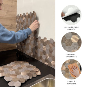 EasyTiles Hexagon mosaikk selvklebende vinylfliser med selvklebende bakside, vannavvisende overflate og enkel rengjøring på kjøkkenvegg