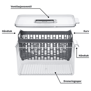 Kjøleskapsboks med lokk, ventilasjon, uttakbar kurv og dreneringsbunn