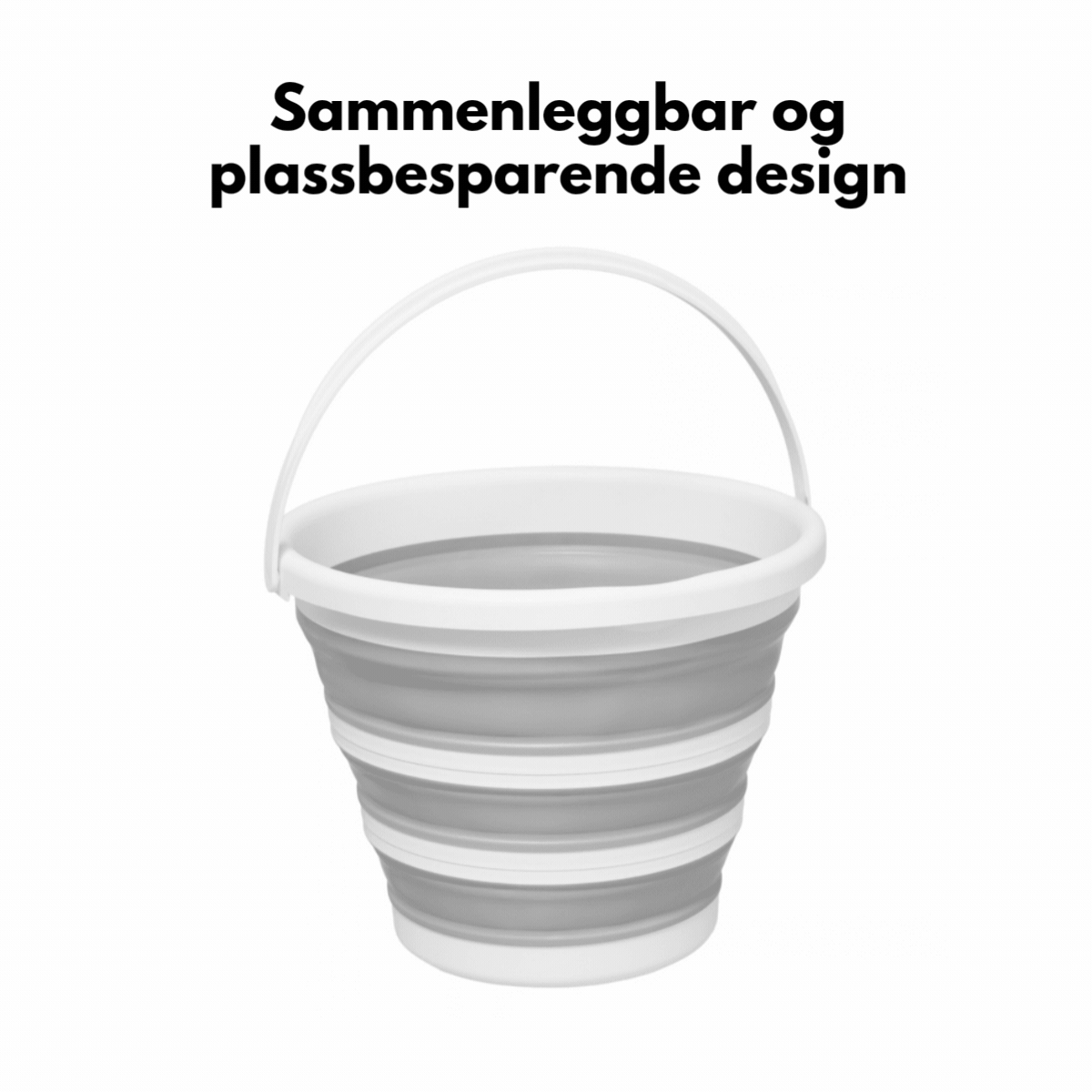Sammenleggbar grå bøtte med hank som foldes sammen til plassbesparende design