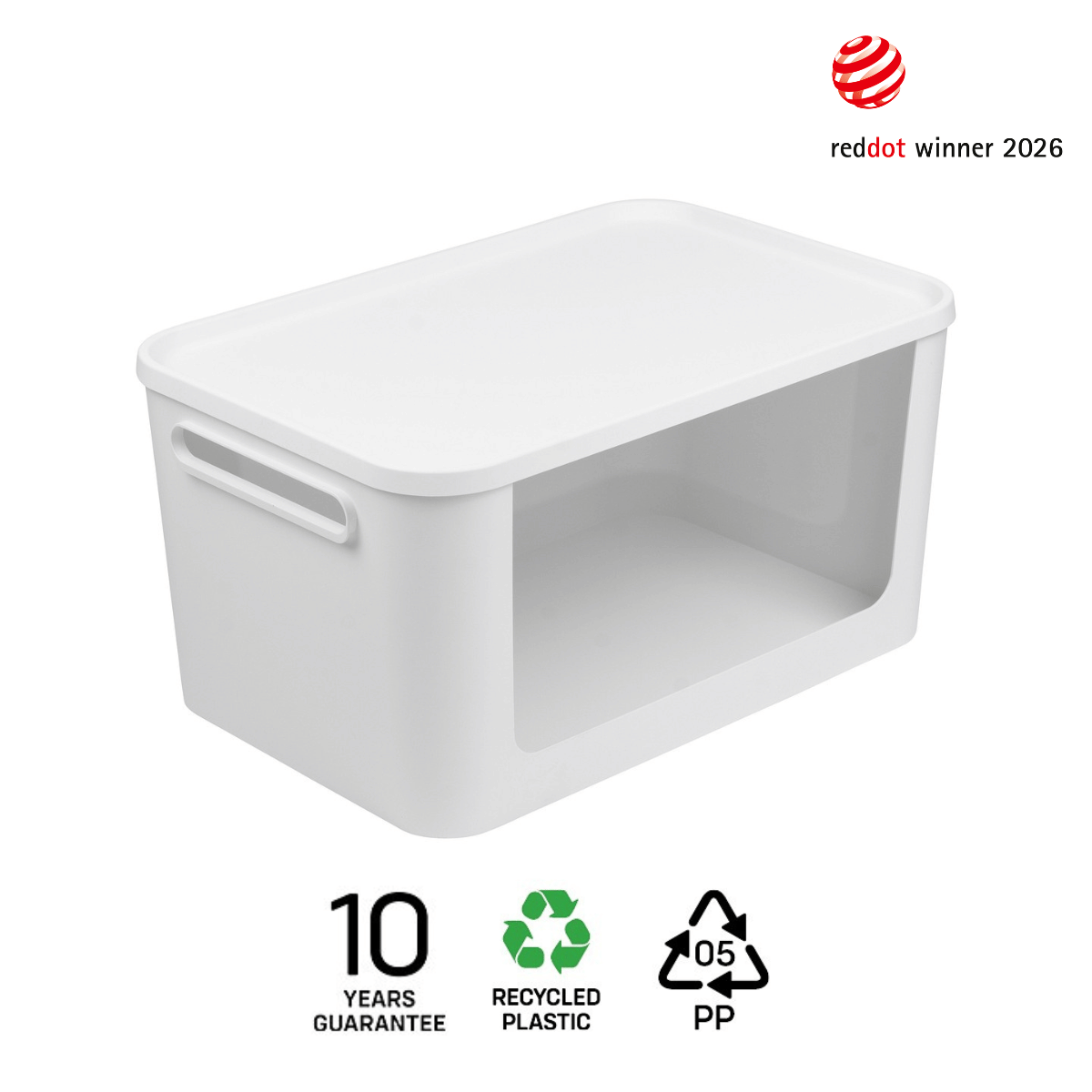 Hvit oppbevaringsboks med åpen front, laget av resirkulert plast