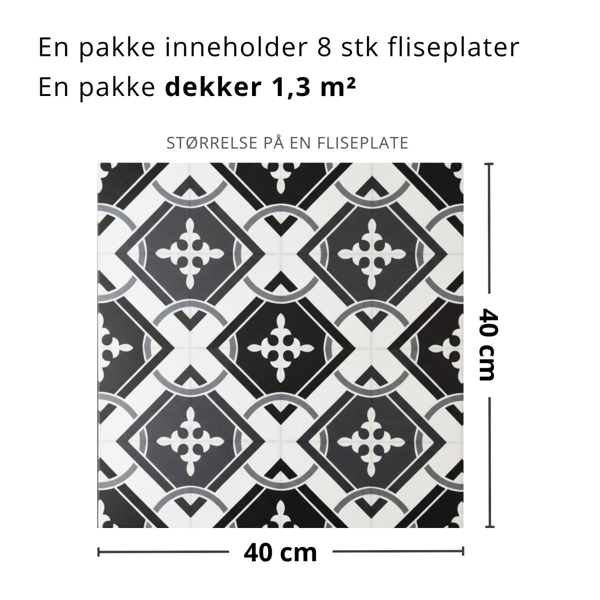 8 - pk Isadora selvklebende fliser sort hvit mønster 40 x 40 cm - Lindas Dekor