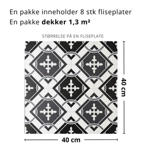 8 - pk Isadora selvklebende fliser sort hvit mønster 40 x 40 cm - Lindas Dekor