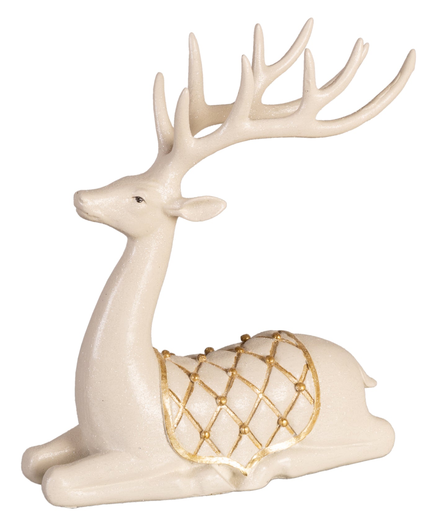 Liggende reinsdyrfigur i hvitt med dekorativt gullrutemønster, 21 cm – stilfull julepynt til hjemmet.
