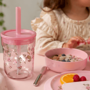 Barneglass med sugerør rosa Mio 250 ml - Lindas Dekor