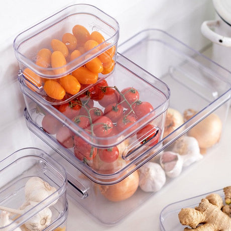 transparente oppbevaringsbokser med lokk brukt til grønnsaker i kjøleskap