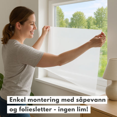 Kvinne monterer frostet vindusfolie enkelt med såpevann uten lim