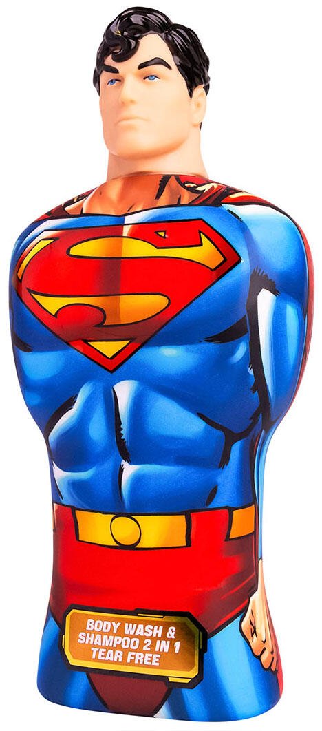 Superman dusjsåpe og sjampo for kropp og hår, 400 ml, i fargerik figurflaske med Superman-logo på brystet.