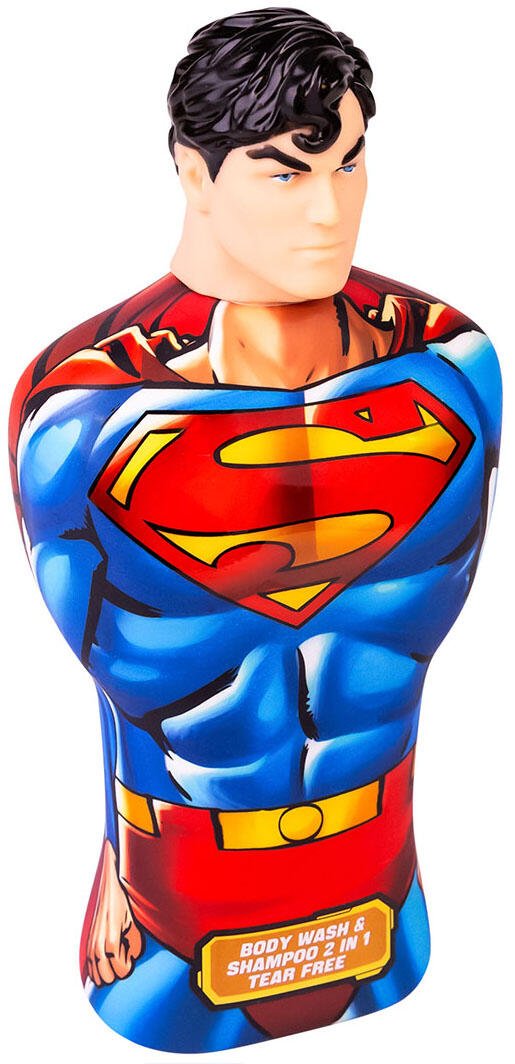 Skrått sidebilde av Superman dusjgelé og sjampo 2 i 1 med blå superheltdrakt og rød kappe.