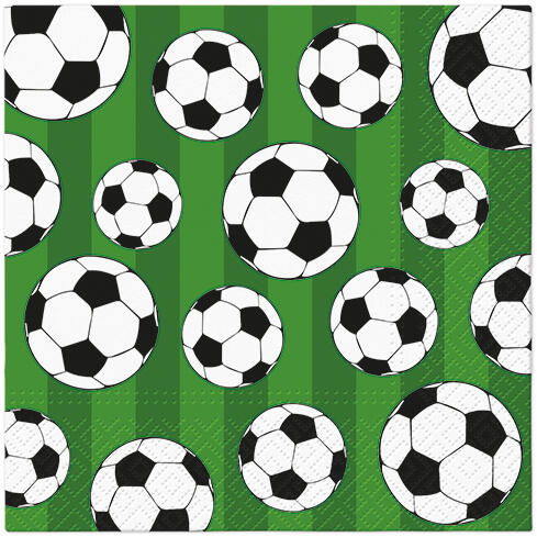 Fotballserviett med klassisk grønn bakgrunn og svarte og hvite fotballer – ideell til barnebursdag, fotballtema og sportseventer.