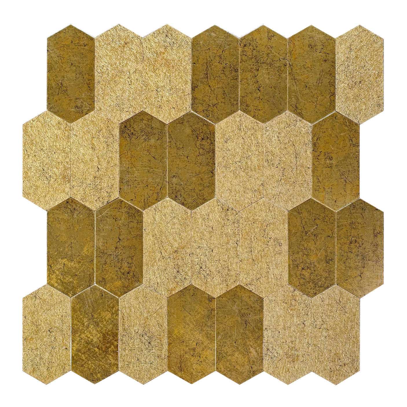 Aria selvklebende veggflis med eksklusiv gullfinish og geometrisk mosaikkdesign.