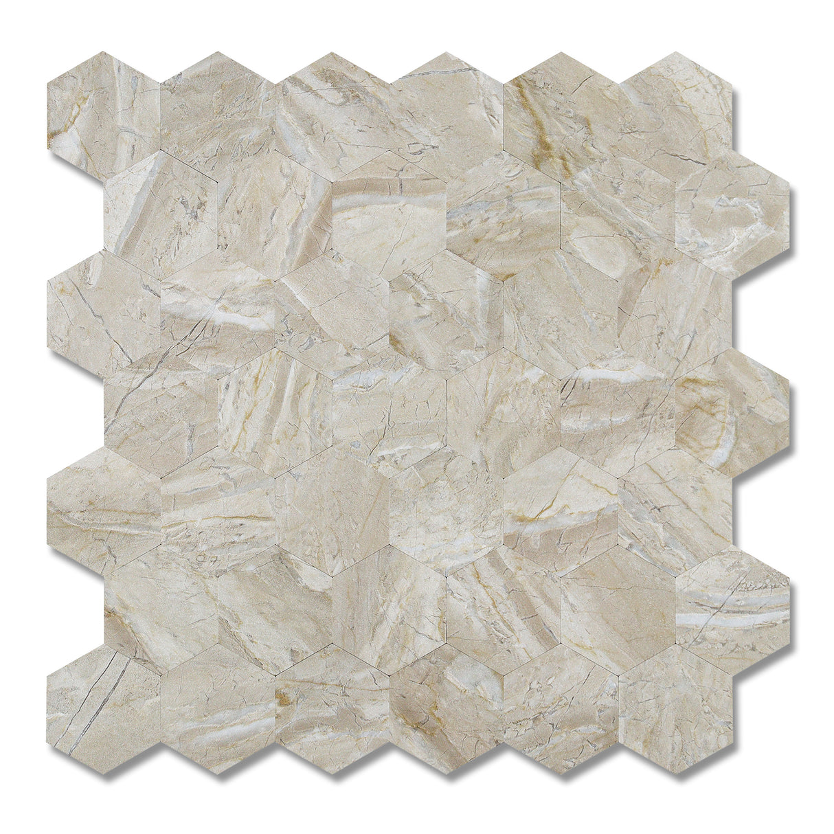 Vareprøve av Grace hexagon flis med naturinspirert marmormønster i beige toner.