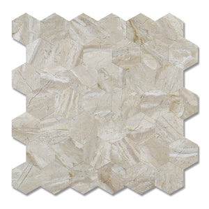 Vareprøve av Grace hexagon flis med naturinspirert marmormønster i beige toner.