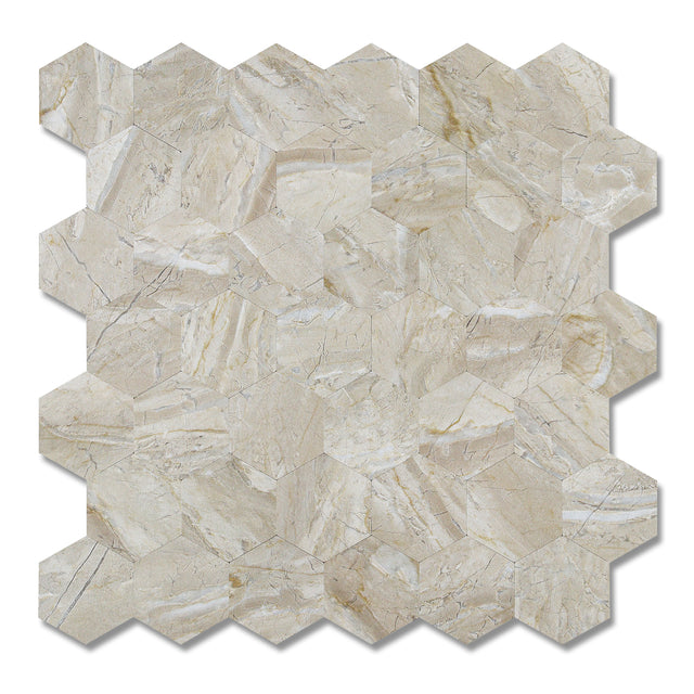 Vareprøve av Grace hexagon flis med naturinspirert marmormønster i beige toner.