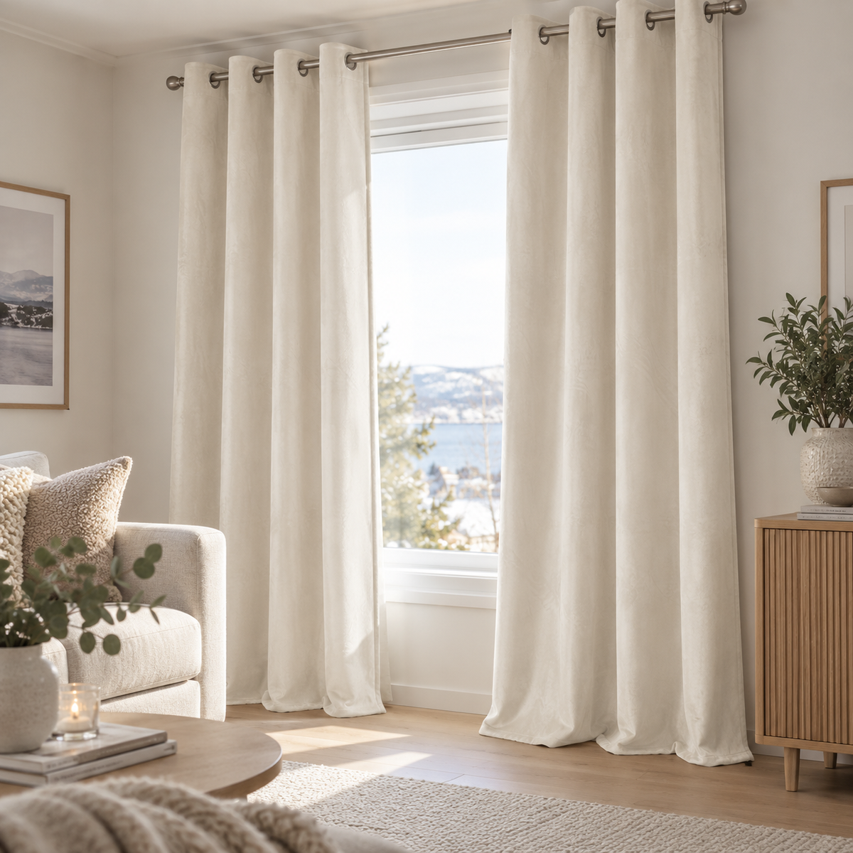 Lys beige gardin med maljer, hengende fra tak til gulv i en lys norsk stue med nordisk interiør og naturlig dagslys.