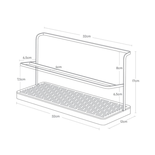 Yamazaki tørkestativ for flasker hvit – infografikk med mål 32x12x17 cm, skrå design og avtakbart dryppbrett for termokopper og vannflasker