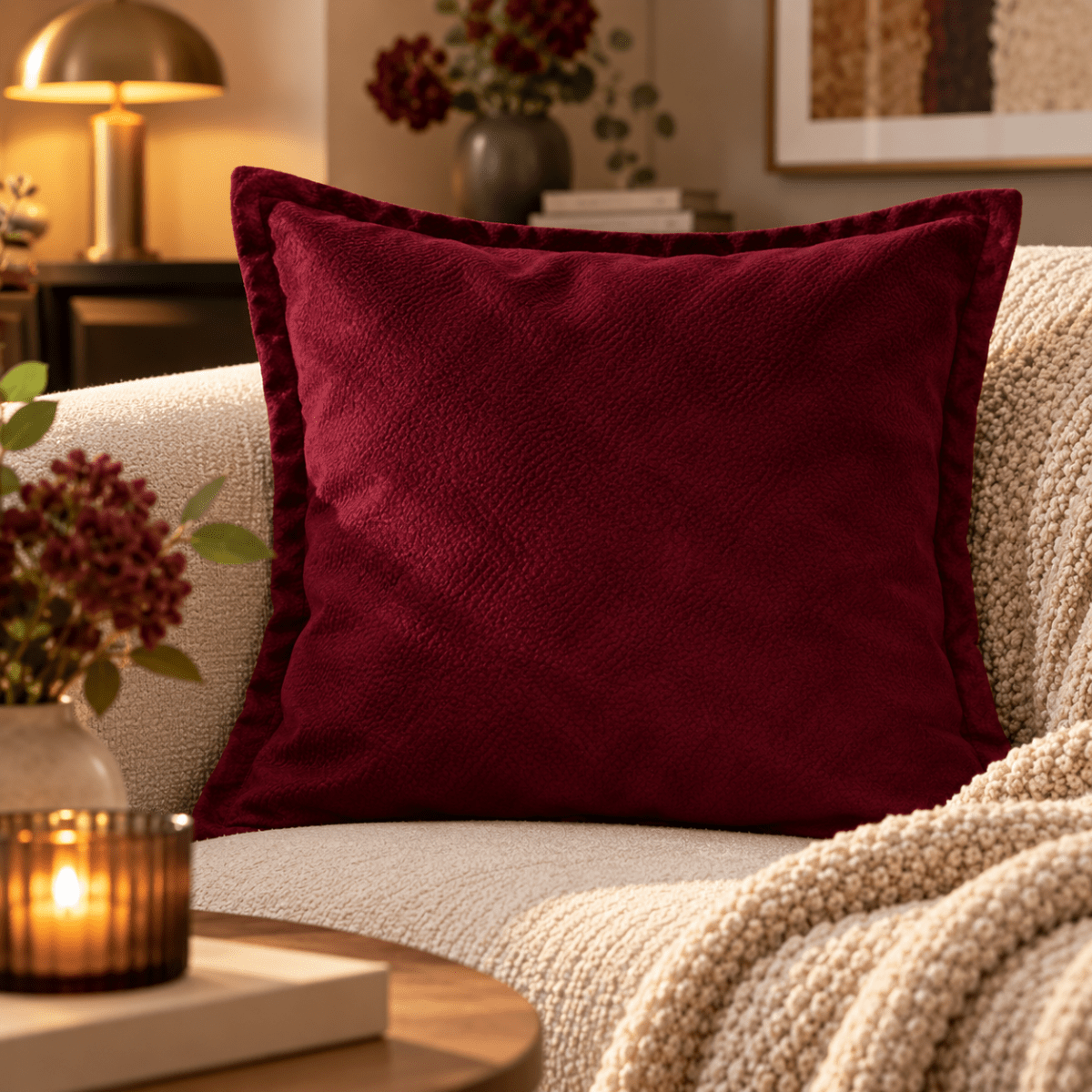 Auberginefarget putetrekk i skinnlook 50 x 50 cm i lys sofa med varm og elegant innredning