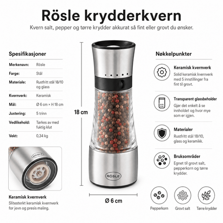 Krydderkvern rustfritt stål 18 cm - Lindas Dekor Krydderikvern