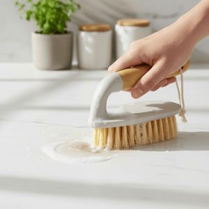 Beige rengjøringsbørste med formet bambushåndtak