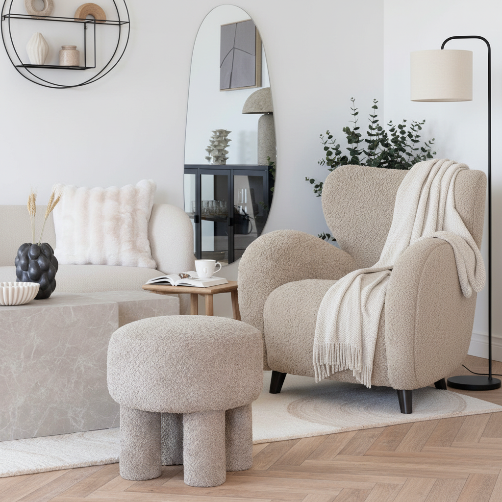 Teddy puff i mørk sand som gir rommet mer varme og tekstur