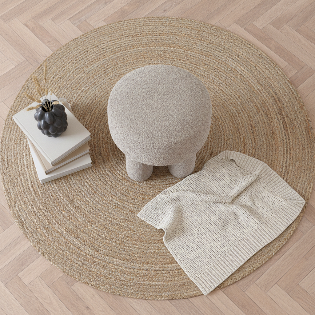 House Nordic Canberra puff med rund form og mykt stoff