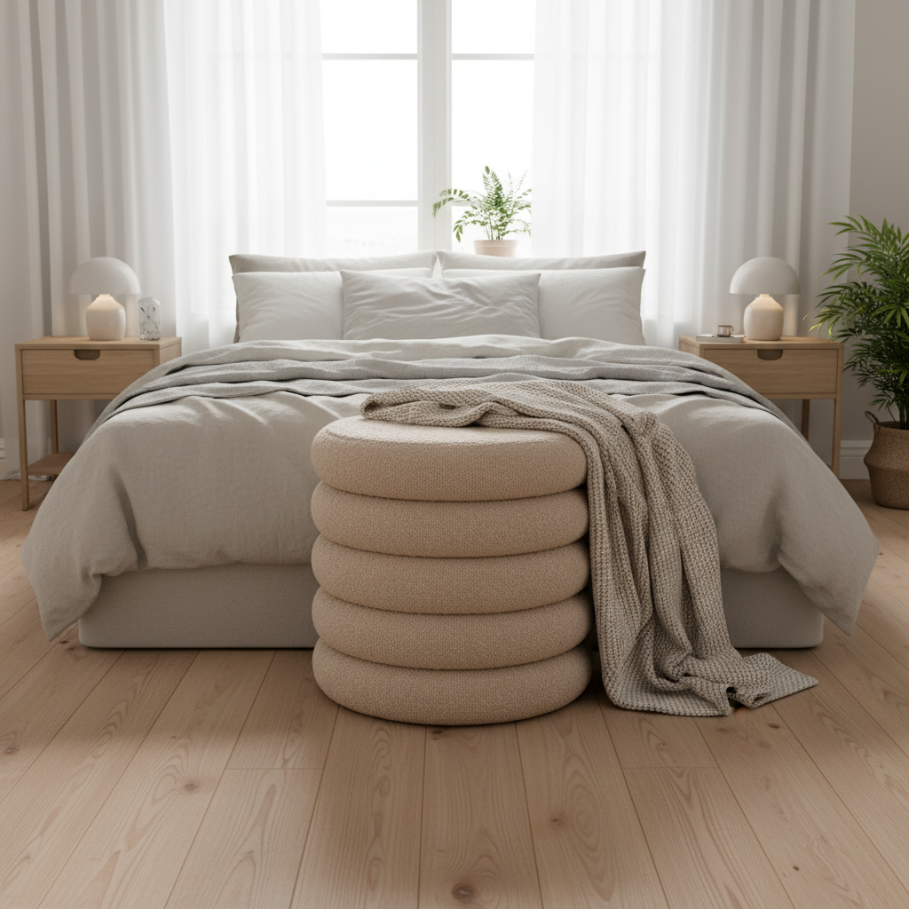 Rund oppbevaringspuff til stue, soverom eller entré