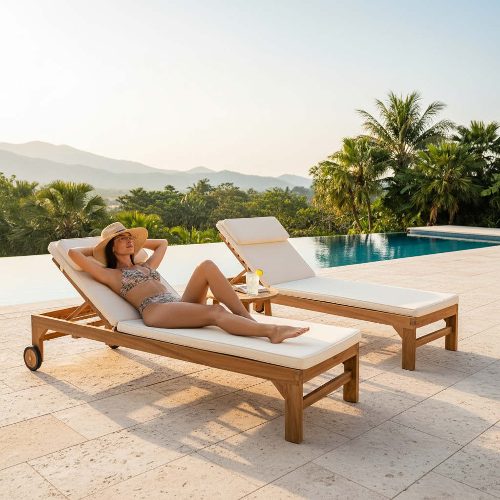 Teak solseng med tykk hvit pute for komfortable sommerdager