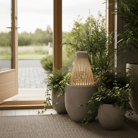 Beige hagebelysning med solcelle til balkong og inngangsparti