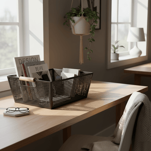 Oppbevaringskurv med håndtak i sort metall og tre 38 x 26 x 14 cm - Lindas Dekor Oppbevaringskurv