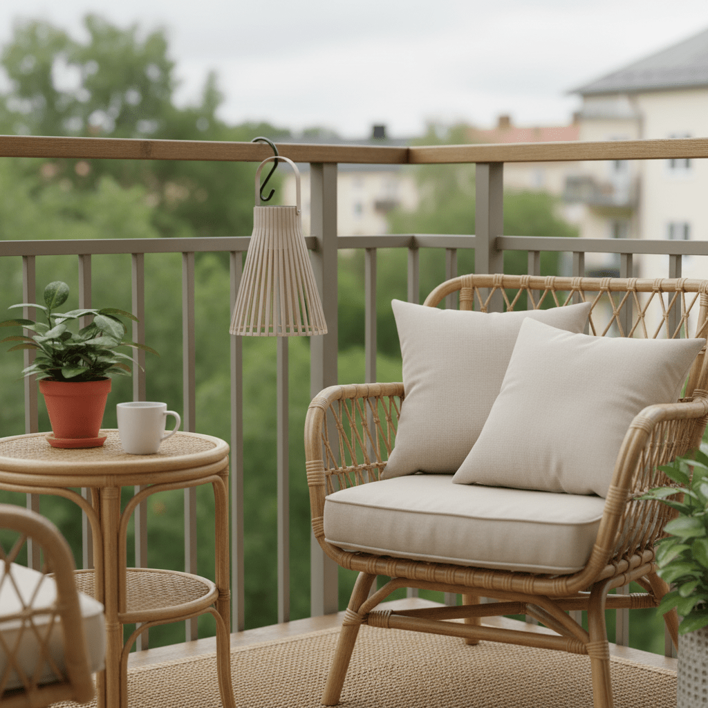 Beige lykt brukt som stemningslys på sommerbord ute