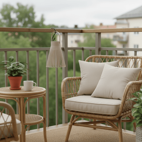 Beige lykt brukt som stemningslys på sommerbord ute