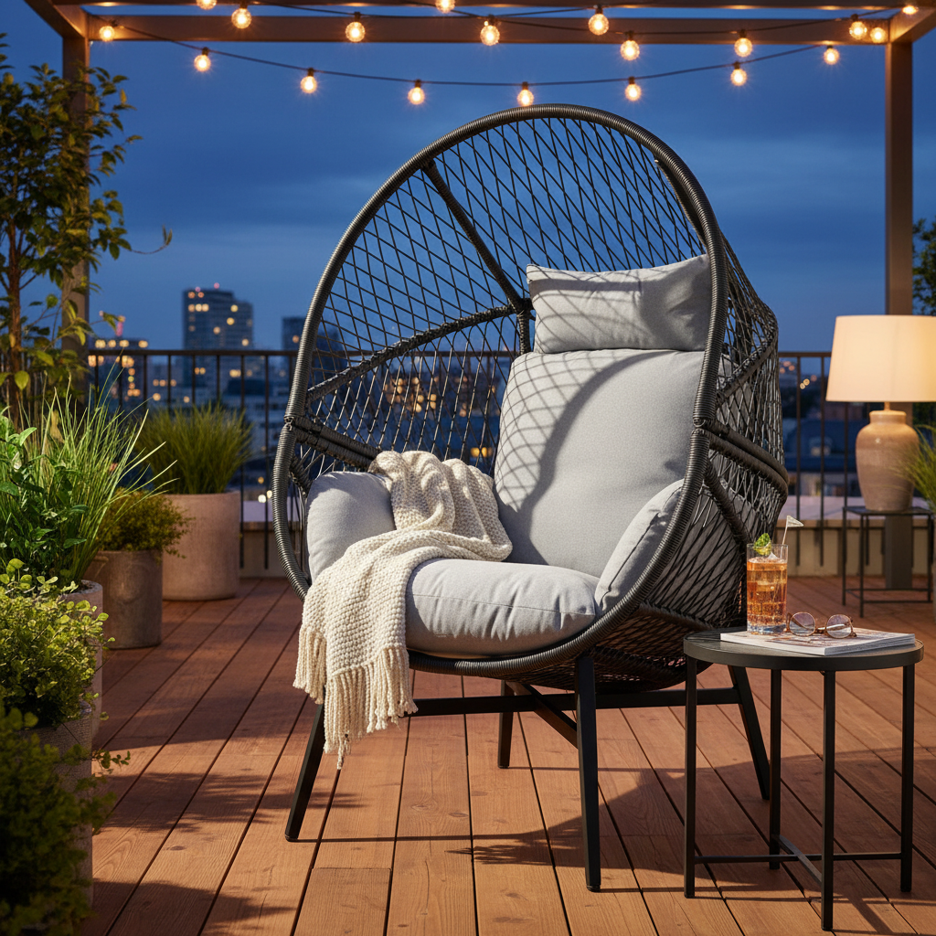 Rosario lounge chair vist forfra med dype puter og omsluttende form