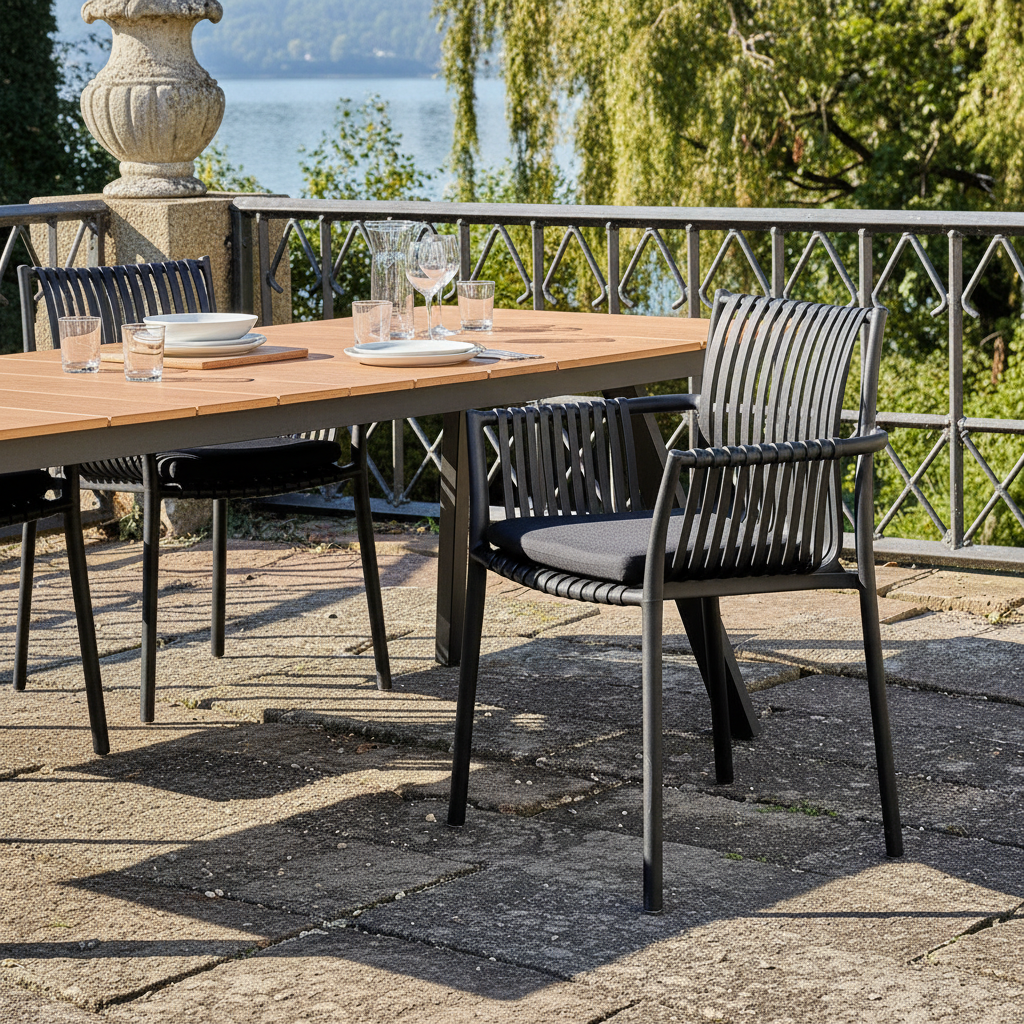 Moderne spisestol til uteplass med armlener og stabelbar funksjon