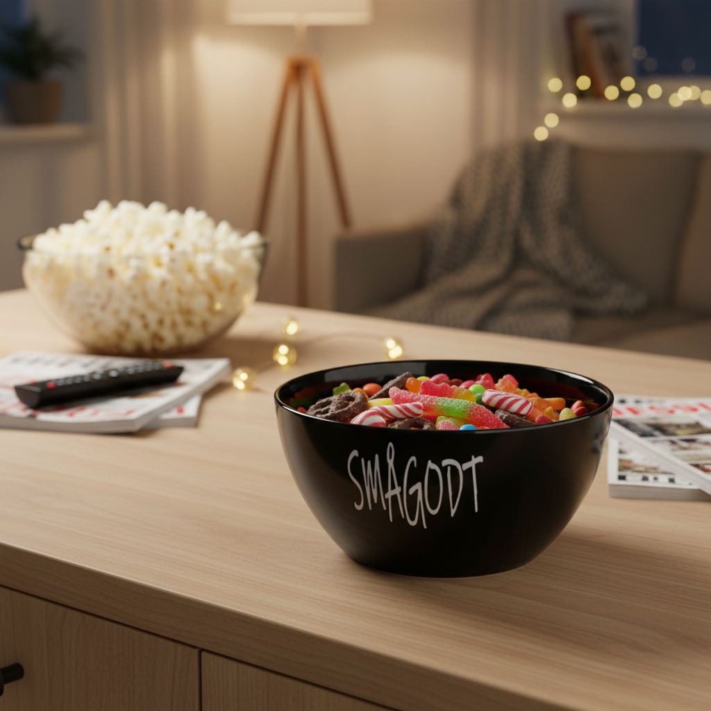 Nærbilde av sort smågodtskål i keramikk