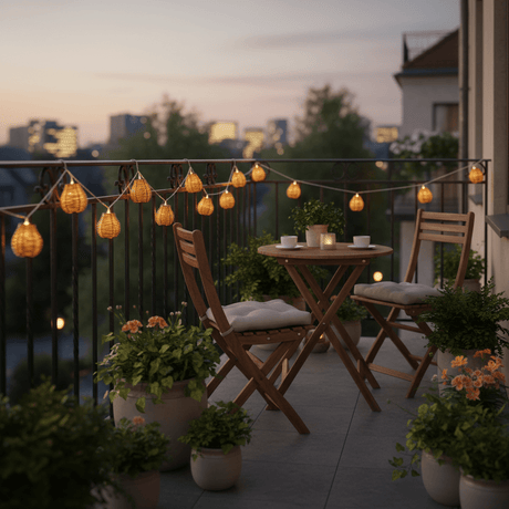 Naturinspirert hagelys med LED lykter langs pergola eller rekkverk