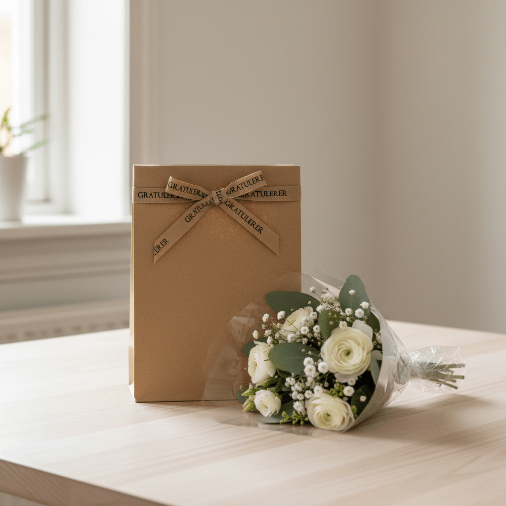 Brun gavepose pyntet med beige «Gratulerer»-bånd ved siden av en liten blomsterbukett. - Lindas dekor 