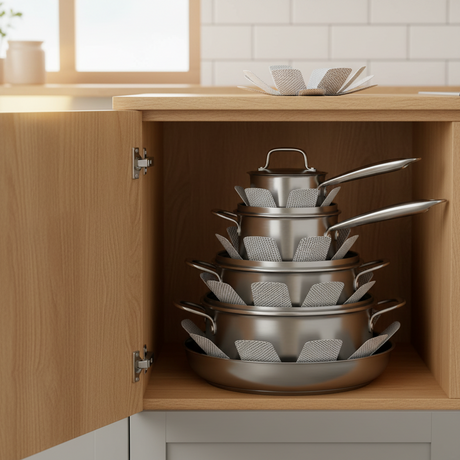 detaljbilde av tekstur på pannebeskytter i polyester