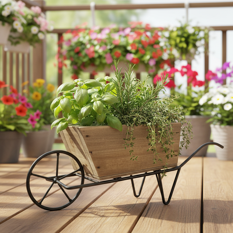 Trillebår dekorasjon brukt med blomsterpotter ved inngangsparti