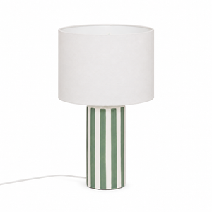 Bordlampe Frida olivengrønn 47 cm, hele lampen med hvit skjerm og stripete fot
