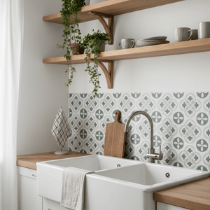Clara grønn selvklebende fliser som backsplash bak kjøkkenvask med åpne hyller og naturmaterialer
