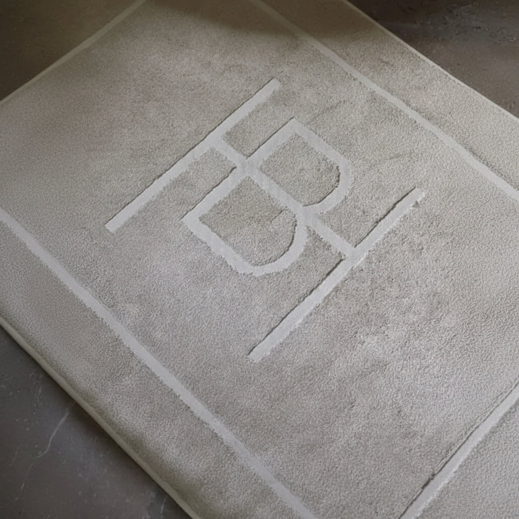Beige badematte med HB monogram fra Halvor Bakke
