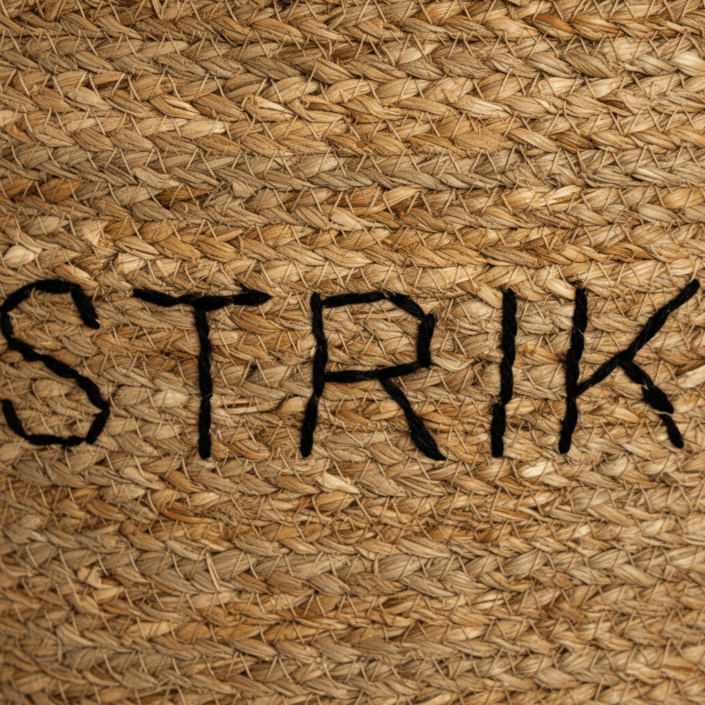 Flettet strikkekurv med STRIKK tekst og naturfarget overflate