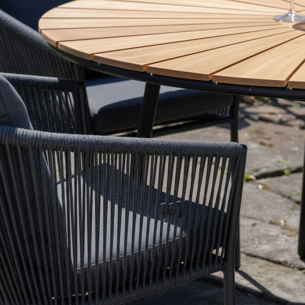 Spisegruppe til terrasse med naturfarget bordplate og mørke utestoler