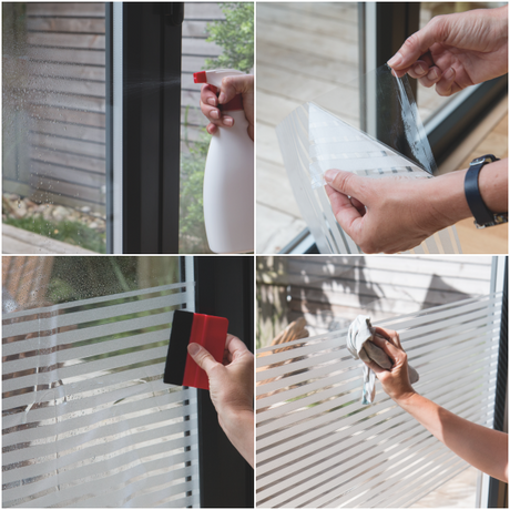 Før og etter montering av statisk vindusfolie på glassdør
