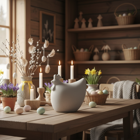 DBKD betonghøne stor 18 cm i grå betong som påskepynt i rustikk norsk hytteinteriør med vårblomster og naturlig lys.